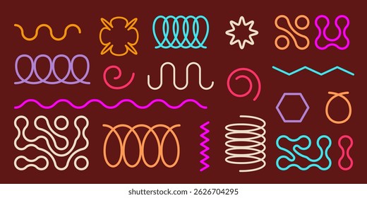 Colorful metaball and spring spiral coil elements set - flexible zigzag waves, wavy random tangled lines, loops and curls. Geometric organic shapes collection. Decorative graphic design assets.