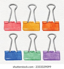 colorful metal binder clip watercolor set. Paper clips. 