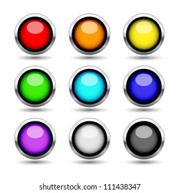 Colorful metal buttons set, isolated on white, vector illustration, eps10