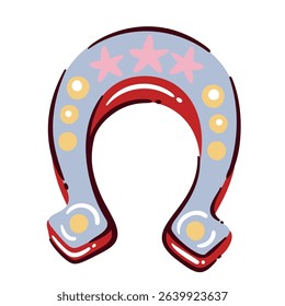 Colorful metal horseshoe with stars and dots in cute cartoon doodle style. Fun cowgirl symbol of luck for western themed design, stickers, digital decor, or kids illustrations. Vector illustration.