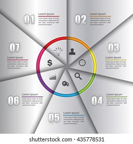Colorful Metallic Circle With Business Icon, Number and Information Text On Metallic  Background , 7 Options, Workflow/Element Layout Design. Vector Illustration