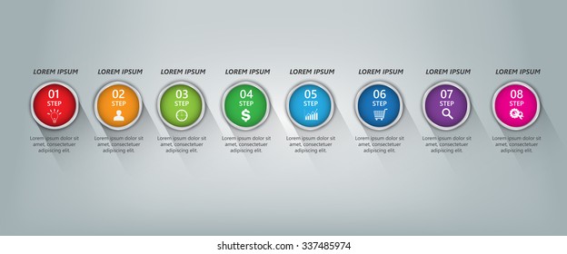 Colorful Metallic Circle With Number and Information Text, 8 Options,  Long Shadow & Abstract Gray Background,  Workflow/Element Layout Design. Vector Illustration