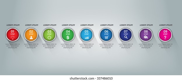 Colorful Metallic Circle With Number and Information Text, 9 Options,  Long Shadow & Abstract Gray Background,  Workflow/Element Layout Design. Vector Illustration
