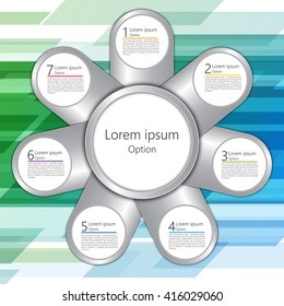 Colorful Metallic Circle With Number and Information Text On Abstract  Green/Blue Background , 7 Options, Workflow/Element Layout Design. Vector Illustration