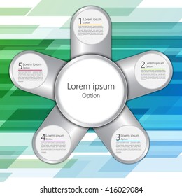 Colorful Metallic Circle With Number and Information Text On Abstract  Green/Blue Background , 5 Options, Workflow/Element Layout Design. Vector Illustration