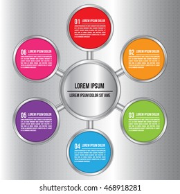 Colorful Metallic Circle With Number and Information Text, 6 Options, Modern Template Design, Financial and Business Infographic, Workflow/Element Layout Design. Vector Illustration