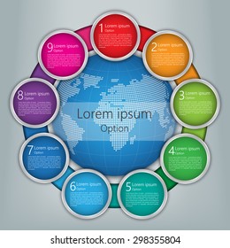 Colorful Metallic Circle With World Globe, Number and Information Text, 9 Options, Modern Template Design, Financial and Business Infographic, Workflow/Element Layout Design. Vector Illustration