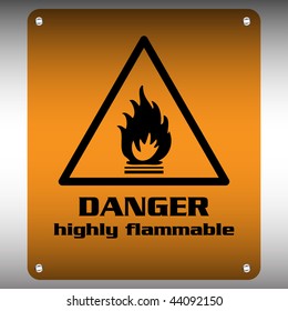 Colorful metallic plate with fire symbol and the text danger highly flammable written below the symbol