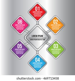 Colorful Metallic Round Rectangle With Number and Information Text, 6 Options, Modern Template Design, Financial and Business Infographic, Workflow/Element Layout Design. Vector Illustration