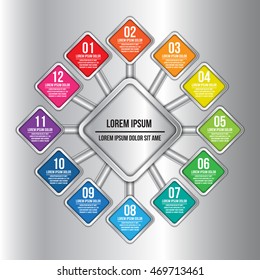 Colorful Metallic Round Rectangle With Number and Information Text, 12 Options, Modern Template Design, Financial and Business Infographic, Workflow/Element Layout Design. Vector Illustration