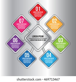 Colorful Metallic Round Rectangle With Number and Information Text, 7 Options, Modern Template Design, Financial and Business Infographic, Workflow/Element Layout Design. Vector Illustration