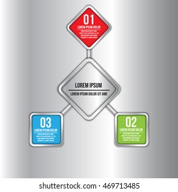 Colorful Metallic Round Rectangle With Number and Information Text, 3 Options, Modern Template Design, Financial and Business Infographic, Workflow/Element Layout Design. Vector Illustration