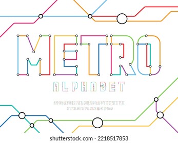 Farbiges Alphabet mit Metro-Linien und Großbuchstaben, Zahlen und Symbolen