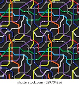 Colorful metro scheme on dark gray background. Abstract seamless vector eps8 pattern. Railway transport map texture