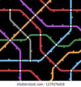 Colorful metro scheme, railway transport or city bus map on black background. Abstract seamless vector pattern.