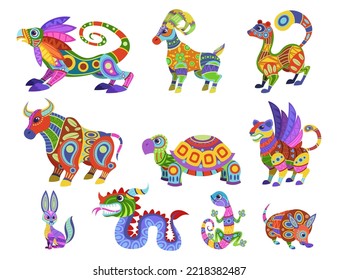 Colorful Mexican alebrijes vector illustrations set. Collection of fantastic animals as traditional Mexican decorative elements isolated on white background. Mexico, decoration, celebration concept