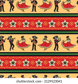 Colorful Mexican borders seamless pattern with mariachi musicians in charro outfits and sombreros, skeleton woman in dress dancing, floral decorations, vector illustration