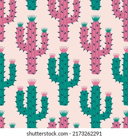 Colorful Mexican cacti hand drawn vector illustration. Cute cactus ethnic seamless pattern for fabric or wallpaper.