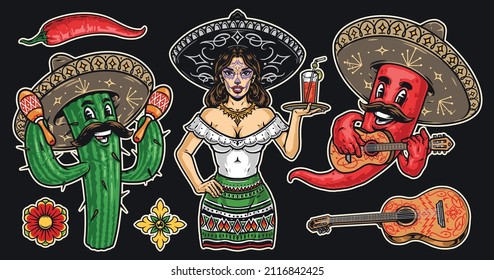 Colorful mexican cartoon characters emblems with waitress in sombrero holding tray with beverage, chili pepper playing guitar, cactus with mustache shaking maracas, vector illustration