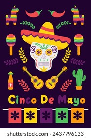 Colorful Mexican Cinco de Mayo holiday banner with cartoon vector guitar, skull, flowers and tequila. greeting card for a traditional Mexican holiday event