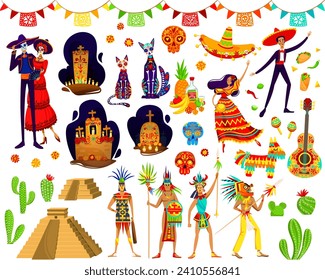 Colorful Mexican culture elements including folk dancers, Day of the Dead symbols, and ancient warriors. Traditional Day of the Dead celebration, Mexico heritage and fiesta vector illustration.