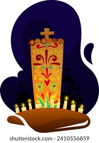 Colorful Mexican Day of the Dead altar with candles, flowers, and crosses. Celebrating Dia de los Muertos tradition with festive graveyard vector illustration.