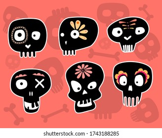 colorful mexican death festival skulls vector art set 