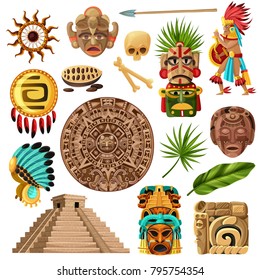 Colorful mexican decorative icons et with  with symbols of traditional  mayan culture history and religion isolated cartoon vector illustration