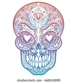 Colorful mexican decorative skull tattoo on white background. Vector illustration