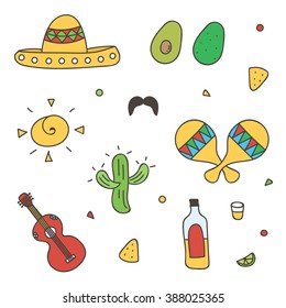 Colorful Mexican doodle, hand-drawn set isolated on white background.