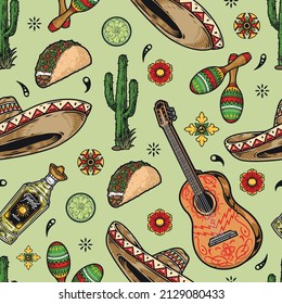 Colorful Mexican Fiesta Vintage Seamless Pattern With Prickly Cactus, Painted Acoustic Guitar, Sombrero Hat, Pair Of Maracas, Cross Sections Of Lime, Tequila Bottle And Taco, Vector Illustration