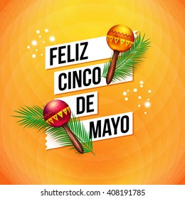 Colorful Mexican Fifth May greeting card design with bold text in banners and two musical rattles over a vibrant abstract orange background, square format