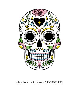 Colorful Mexican Floral Sugar Skull Vector Illustration Graphic for Day of the Dead, Dia de Muertos, and Halloween