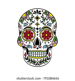 Gráfico ilustrativo del colorido vector de cráneo de azúcar floral mexicano para el Día de los Muertos o el Día de los Muertos