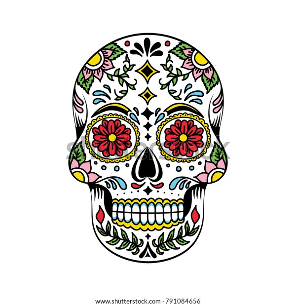 死者の日またはディア デ ムエルトスの日用のカラフルなメキシコの花柄の砂糖の頭蓋骨ベクターイラストグラフィック のベクター画像素材 ロイヤリティフリー
