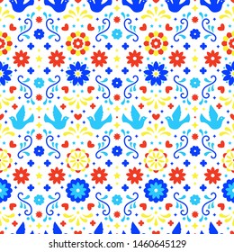 Colorful mexican flowers, leaves and birds on white background. Traditional seamless pattern for fiesta party. Floral folk art design from Mexico. Mexican folklore ornament.