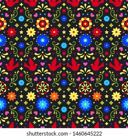 Colorful mexican flowers, leaves and birds on dark background. Traditional seamless pattern for fiesta party. Floral folk art design from Mexico. Mexican folklore ornament.