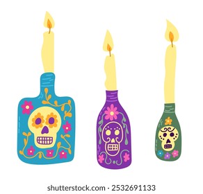 Colorful Mexican folk candles in decorated bottles with skulls and floral designs, inspired by Dia de los Muertos. Vector illustration for traditional Latin American holiday