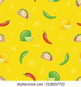 Colorful Mexican food icons with smaller icons in between on yellow background.