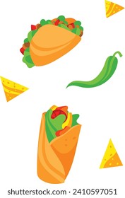 Colorful Mexican food illustration with a taco, burrito, chili pepper, and nachos. Delicious street food vector illustration.