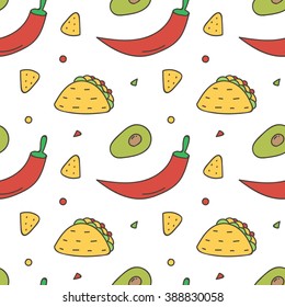 Colorful Mexican food seamless pattern background. Hot chili pepper, avocado, nachos and taco background.