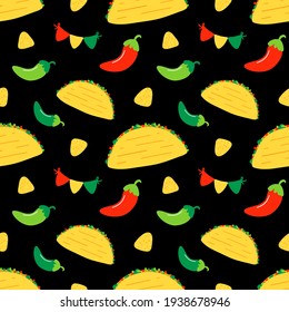 Colorful mexican food vector seamless pattern background for Cinco de Mayo design with taco, chili pepper and nacho chips.