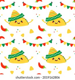 Colorful Mexican Food Vector Seamless Pattern Background For Cinco De Mayo Design With Taco Character In Sombrero, Chili Peppers, Nacho Chips And Colorful Garlands.
