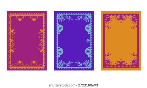 Colorful Mexican frames collection. Vector illustration of traditional floral borders on pink, blue, orange background, Hispanic art banners with bright flower skull ornament, holiday poster design