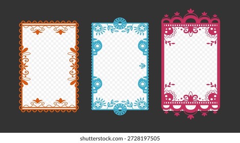 Colorful Mexican frames collection. Vector illustration of traditional floral borders on pink, blue, orange background, Hispanic art banners with bright flower skull ornament, holiday poster design