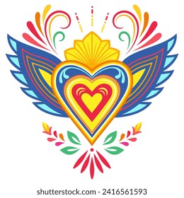 Colorful Mexican Heart with wings and decorative ornament. Corazon Mexicano.