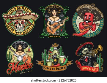 Colorful Mexican holiday vintage badges collection with female guitarist in sombrero, red chili pepper musician with mustache, mariachi skeleton playing trumpet, waitress holding cocktail glass