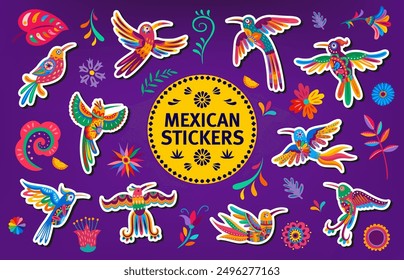 Colorful Mexican hummingbirds stickers pack. Vibrant birds, flowers and patterns in traditional alebrije style with rich colors and whimsical motifs celebrate the vibrant folk art traditions of Mexico