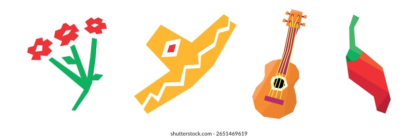 Colorful Mexican Object with Flower, Sombrero Hat, Chili Pepper and Guitar Vector Set