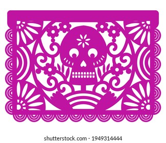 Colorful mexican perforated papel picado banner. Decorative papel picado with skull for Halloween or Dia De Los Muertos.